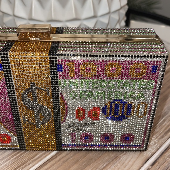 NWT Rich Girl Rhinestone Money Studded Box Clutch